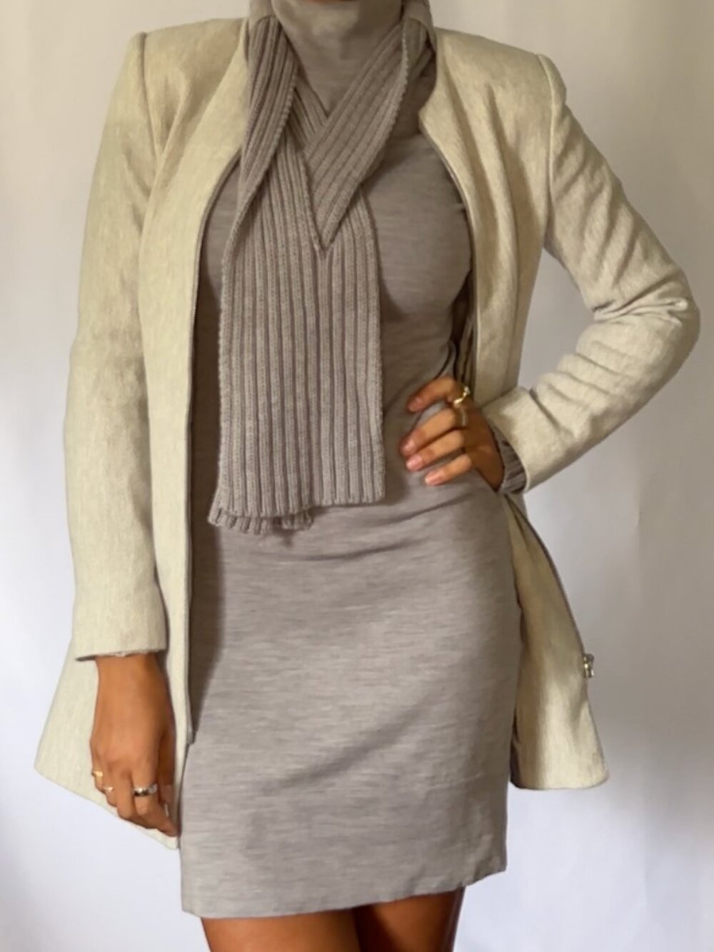 Zara Basic Light Grey Herringbone Jacket Long Zip Front Cotton Blend Size S
